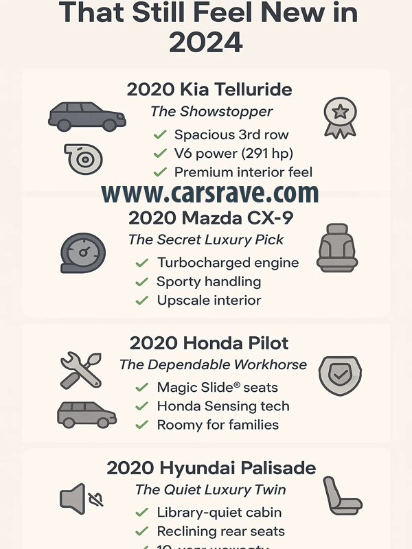 Infographic listing the best 2020 budget SUVs that still feel new in 2024 — includes Kia Telluride, Mazda CX-9, Honda Pilot, and Hyundai Palisade with key features and ratings.