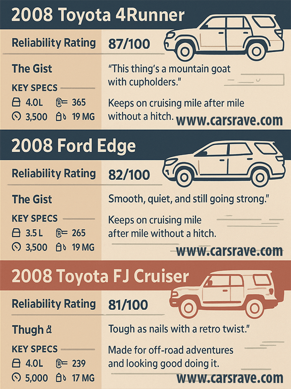 Infographic showing the top 3 most reliable SUVs of the 2000s, including the 2008 Toyota 4Runner, 2008 Ford Edge, 2008 Toyota FJ Cruiser. Each SUV features key specs like engine size, horsepower, towing capacity, fuel economy, and reliability ratings, highlighting why these models are durable and still popular with used SUV buyers.