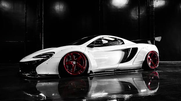 Modern luxury sports car with custom red wheels in a showroom.