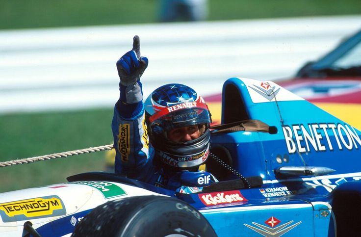 Michael Schumacher celebrating his historic win at the 1995 German Grand Prix at Hockenheimring.