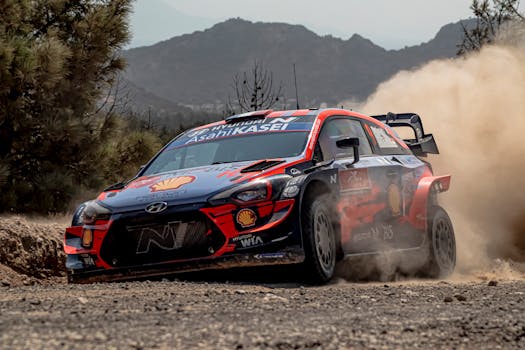 Hyundai rally car speeding on a dirt track, kicking up dust during a thrilling race.