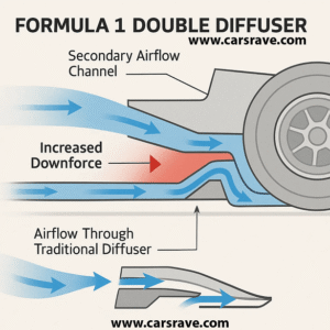 Infographic showing how a Formula 1 double diffuser works. The image compares traditional diffuser airflow with a double diffuser setup, where an extra secondary airflow channel above the floor boosts rear downforce. Blue arrows illustrate airflow direction, and a red zone highlights increased downforce near the car’s rear tire.
