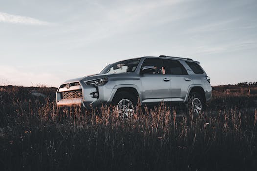 Silver Toyota 4Runner SUV parked in a grassy rural area during sunset, showcasing rugged design and adventure readiness.