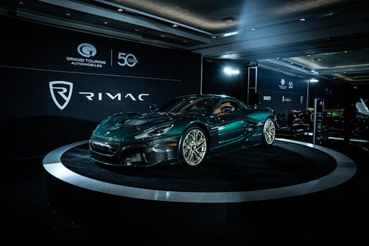 A Rimac electric sports car on display at an automotive event, showcasing sleek design and innovation.