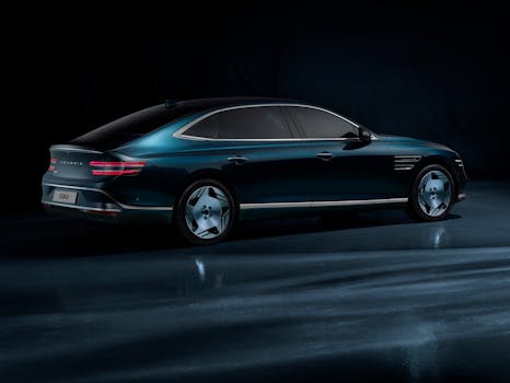 Stylish rear view of a Genesis G80 electric car in a dimly lit studio setting.