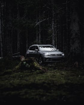 A Volkswagen SUV parked in a serene forest in Slovenia, surrounded by towering trees.