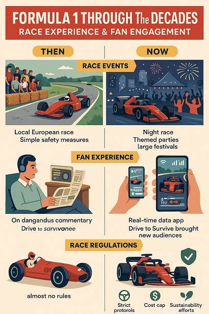 “Infographic comparing Formula 1 drivers, races, fans, and rules from 1950 vs 2025, illustrating the transformation from casual, dangerous beginnings to a high-tech global sport with athletic drivers, massive events, digital fan engagement, and strict regulations.”