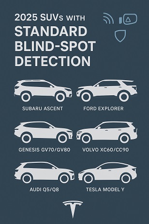 Infographic showing 2025 SUVs with standard blind-spot detection including Subaru Ascent, Ford Explorer, Genesis GV70 and GV80, Volvo XC60 and XC90, Audi Q5 and Q8, and Tesla Model Y, highlighting key safety features like radar sensors and side mirror alerts.