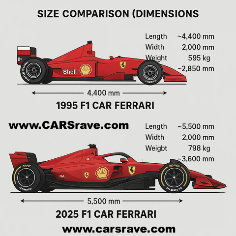 Infographic showing the size difference between 1995 and 2025 Formula 1 cars, including length, width, wheelbase, and weight.