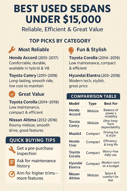 Infographic comparing the best used sedans under $15,000, including Honda Accord, Toyota Camry, Mazda3, Honda Civic, Toyota Corolla, Hyundai Elantra, and Nissan Altima, with highlights on reliability, value, and performance.