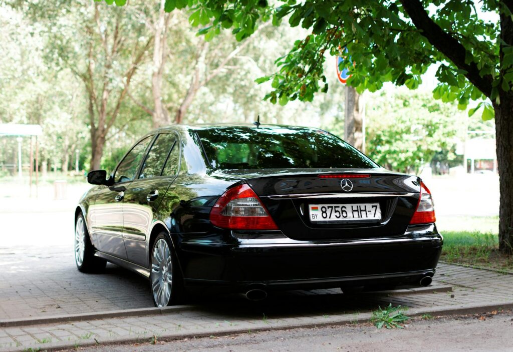 Elegant black Mercedes-Benz W211 parked under lush trees in a serene outdoor setting.