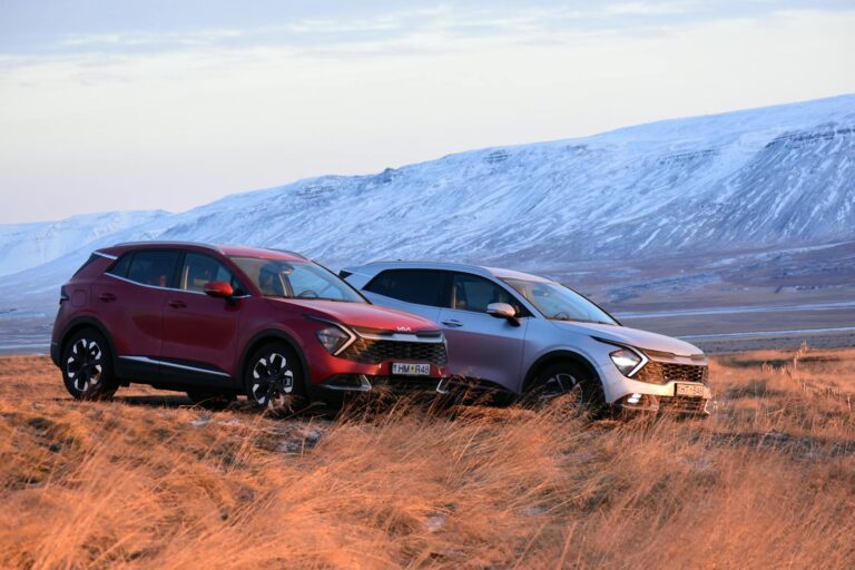 Two SUVs parked in the scenic Icelandic countryside with snowy mountains in the background.