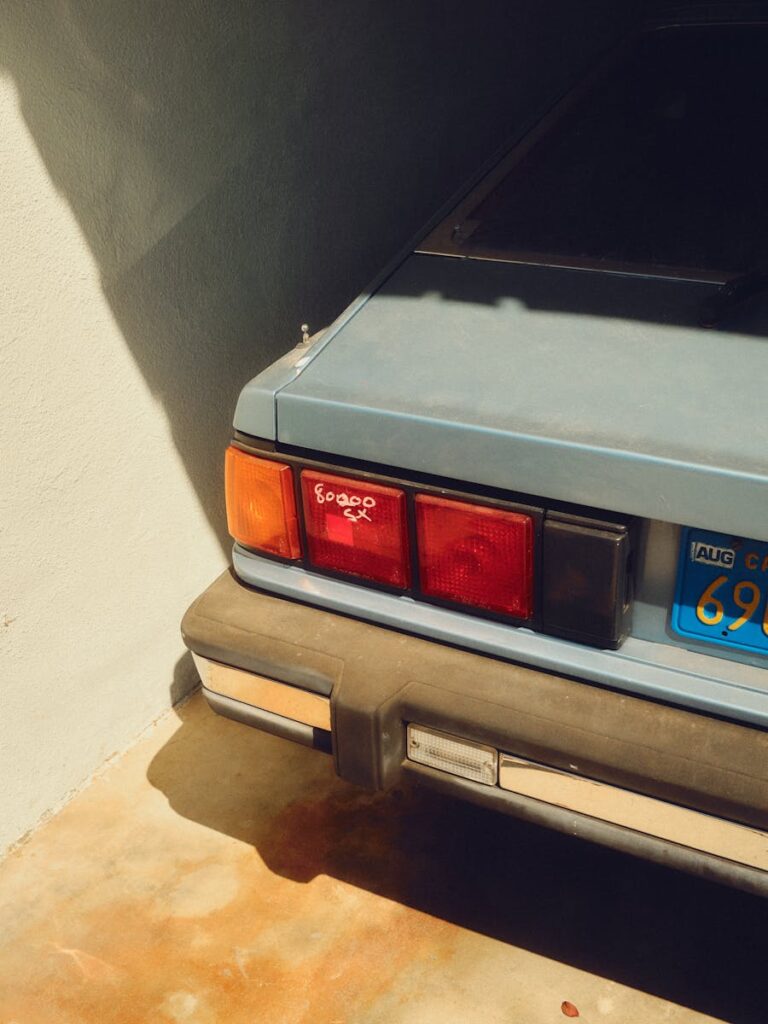 Rear view of a classic 1980s Datsun car parked in Los Angeles, California, USA.