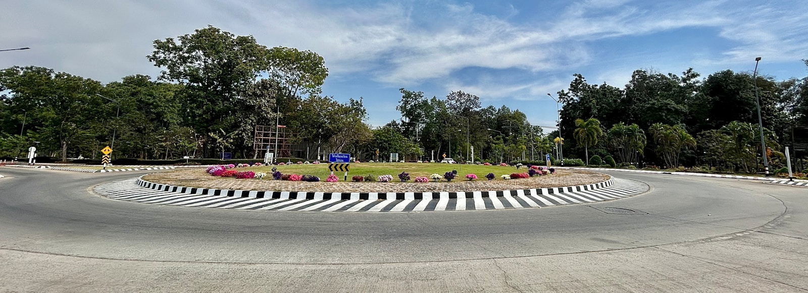 a circular view of a park with flowers and trees