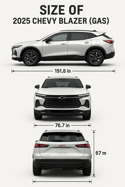 Infographic of a 2025 Chevy Blazer (gas) displayed from side, front, and top views with labeled dimensions: 191.8 inches long, 76.7 inches wide, and 67 inches tall. Clean studio background with measurement lines highlighting size.