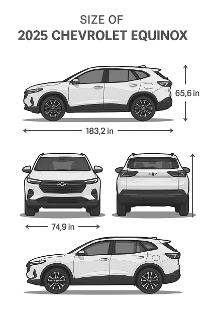 Infographic of the 2025 Chevrolet Equinox (gas) showing side, front, and top views with dimensions labeled: 183.2 inches long, 74.9 inches wide, and 65.6 inches tall. Clean white background with shadowed ground for depth.