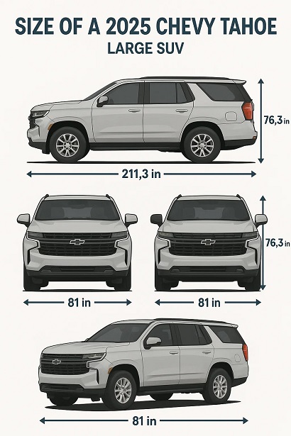 A 2025 Chevrolet Tahoe large SUV shown in an infographic style with labeled dimensions: 211.3 inches long, 81 inches wide, and 76.3 inches tall. The image includes visible towing equipment and is positioned side-by-side with a sedan outline to highlight its larger size.