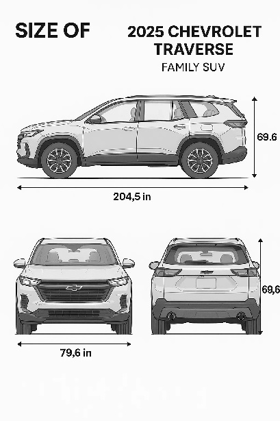 A 2025 Chevrolet Traverse family SUV shown from multiple angles with dimensions labeled: 204.5 inches long, 79.6 inches wide, and 69.6 inches tall. The vehicle’s interior seating is visible through transparent glass, displayed on a clean white background with size overlays and a human scale reference.