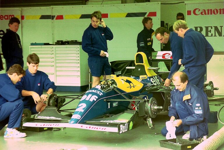 Alain Prost’s Williams FW15C Formula 1 car in the pit garage during the 1993 British Grand Prix