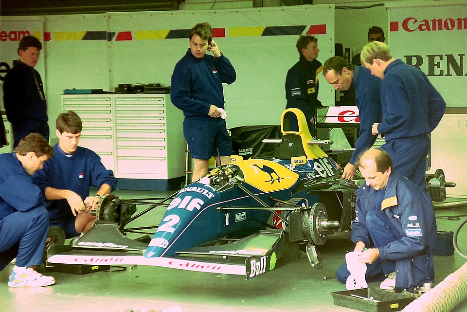 Alain Prost’s Williams FW15C Formula 1 car in the pit garage during the 1993 British Grand Prix
