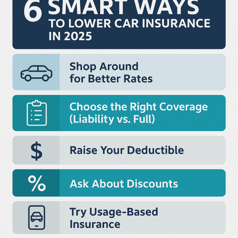 Infographic showing 6 ways to lower car insurance costs in 2025, including shopping around, adjusting deductibles, and asking about discounts.