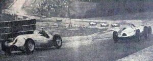 Giuseppe Farina leading Hermann Paul Müller during the 1939 Belgian Grand Prix at Spa-Francorchamps, near the Eau Rouge section.


