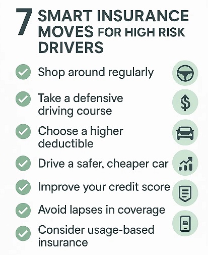 Checklist infographic showing 7 smart insurance moves to reduce car insurance premiums for high risk drivers