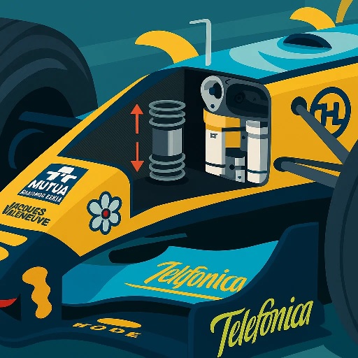 Animated illustration of a Formula 1 car showing the mass damper device inside the nose cone, with a visible spring-loaded weight stabilizing the front suspension.