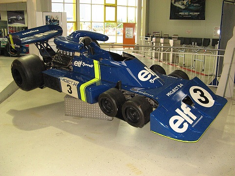 Tyrrell P34 six-wheeled Formula 1 car at Technik-Museum Sinsheim, Germany, driven by Jody Scheckter and Patrick Depailler