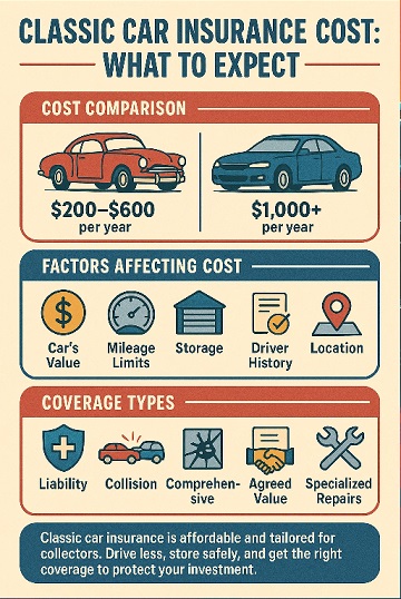 Infographic showing the average cost of classic car insurance compared to regular car insurance, factors affecting insurance cost like car value, mileage limits, storage, driver history, and location, coverage types including liability, collision, comprehensive, agreed value, and specialized repairs, with vintage-style icons and a summary tip.