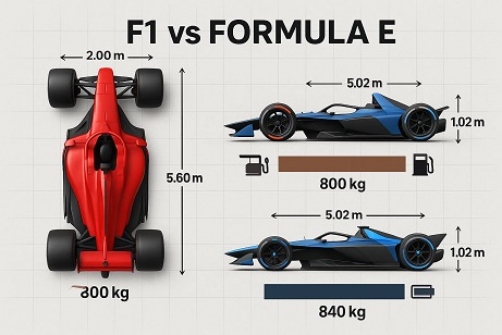 F1 vs Formula E, sizes and weight