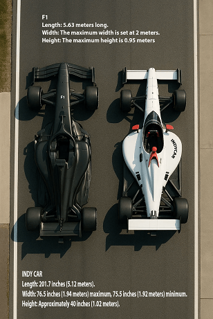 Side-by-side comparison of a modern Formula 1 car and an IndyCar on a racetrack, showing their size differences with top-down, front, side, and rear views, labeled with dimensions and realistic lighting.