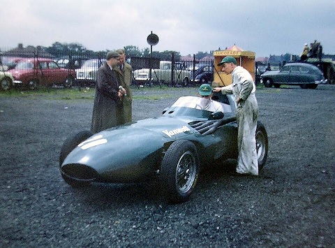 The Vanwall VW5 on the grid at Aintree before the 1957 British Grand Prix, driven by Tony Brooks and Stirling Moss, the first F1 win for a British constructor.