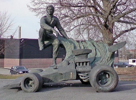 Bronze statue of Swedish Formula 1 driver Ronnie Peterson in Almby, Örebro, Sweden, created by Richard Brixel and unveiled in 2003
